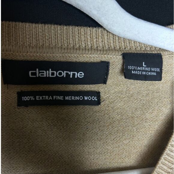 Mens 100% Merino Wool Camel V-Neck Pullover Sweater Old Money Quiet Luxury Sz L - Picture 4 of 6